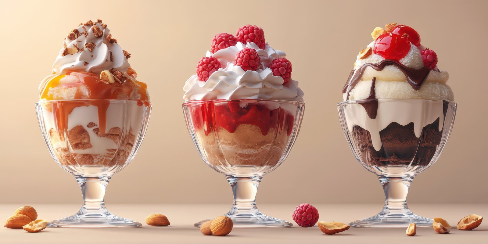 Colorful ice cream sundaes attractively presented in elegant glass cups under soft lighting